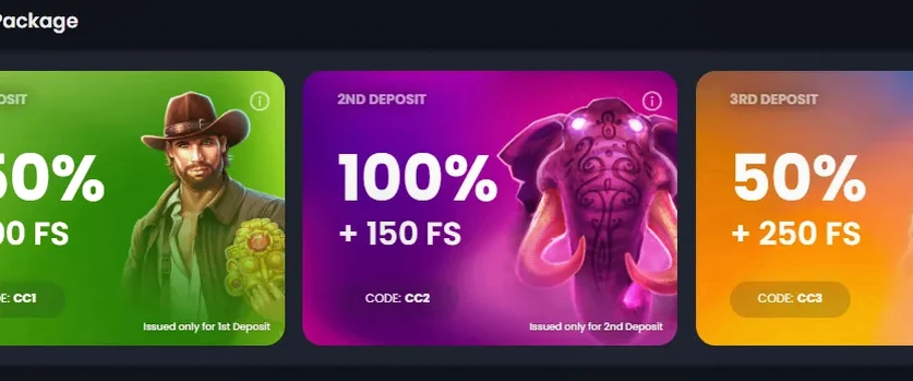 Crownz Casino — 1st: 150% up to €1,000 + 100 FS; 2nd: 100% up to €1,500 + 150 FS; 3rd: 50% up to €2,500 + 250 FS